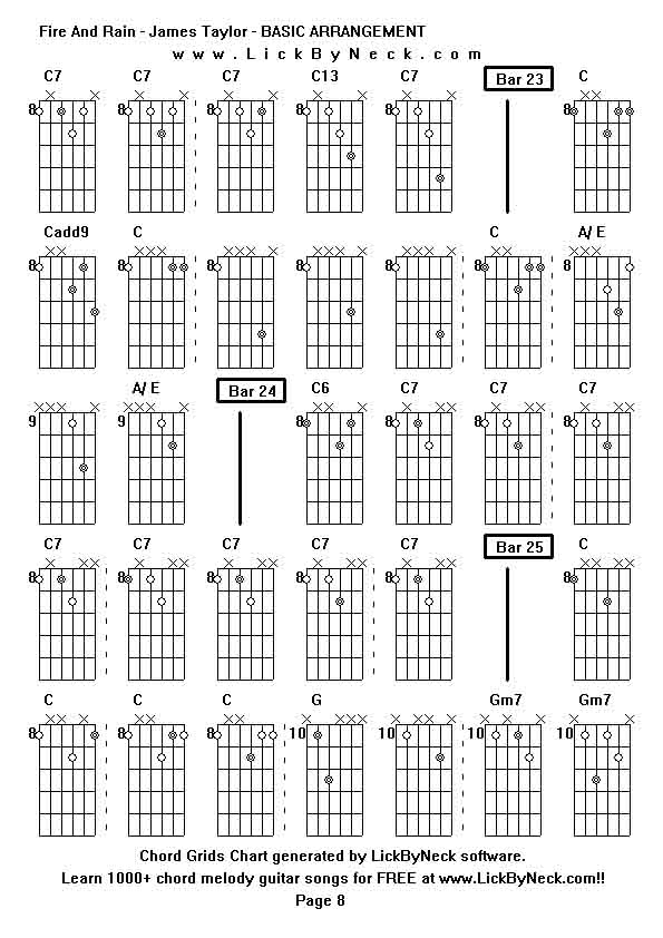 Chord Grids Chart of chord melody fingerstyle guitar song-Fire And Rain - James Taylor - BASIC ARRANGEMENT,generated by LickByNeck software.